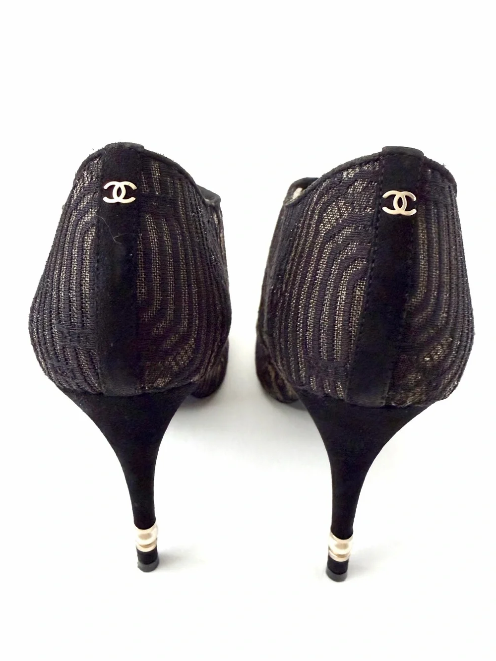 CHANEL | CC Logo Black Lace Up Booties Pearl Stiletto EU 39
